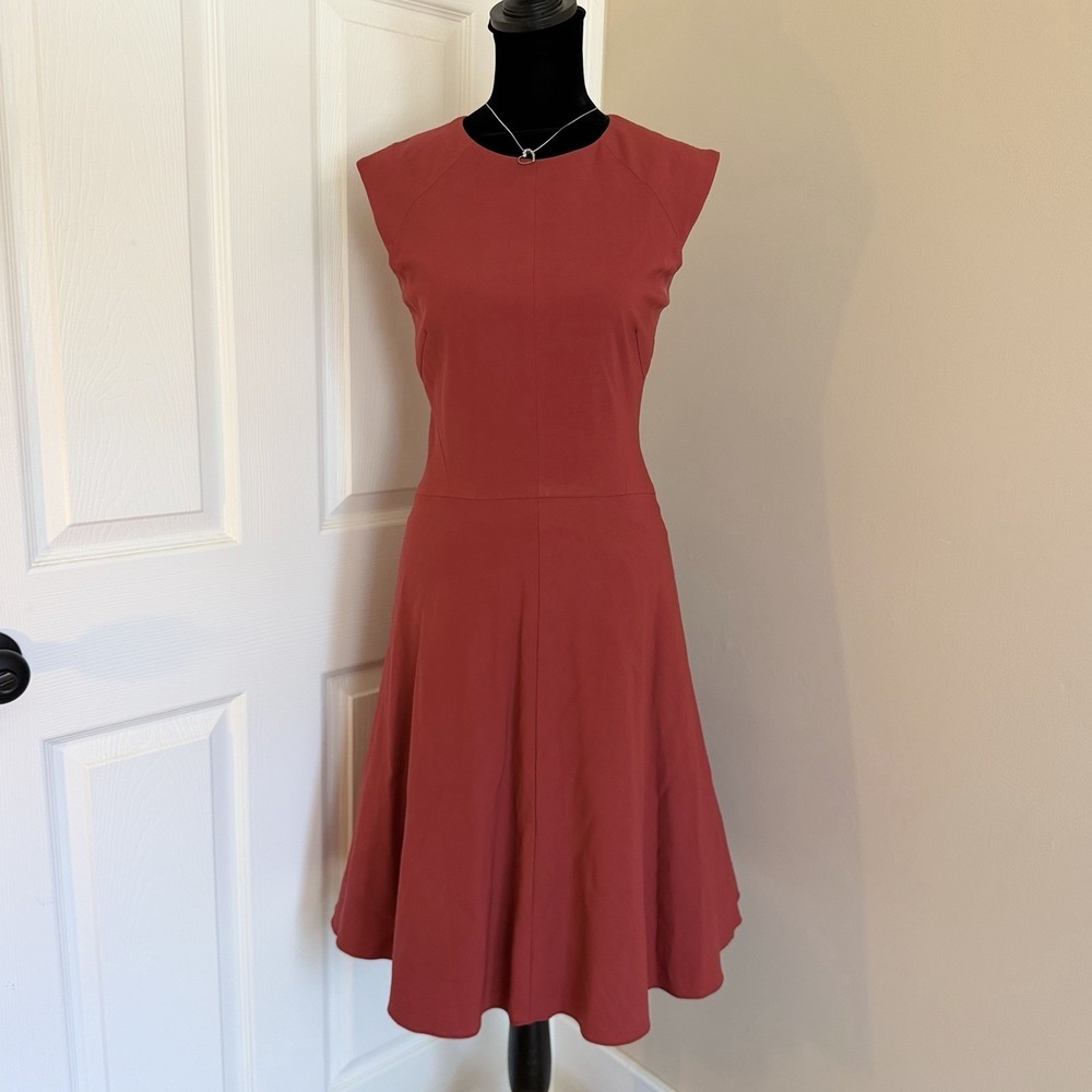 M.M. Lafleur Womens Brick Red Midi Dress Wool Fit Flare Cap Sleeve Sz 2 Office